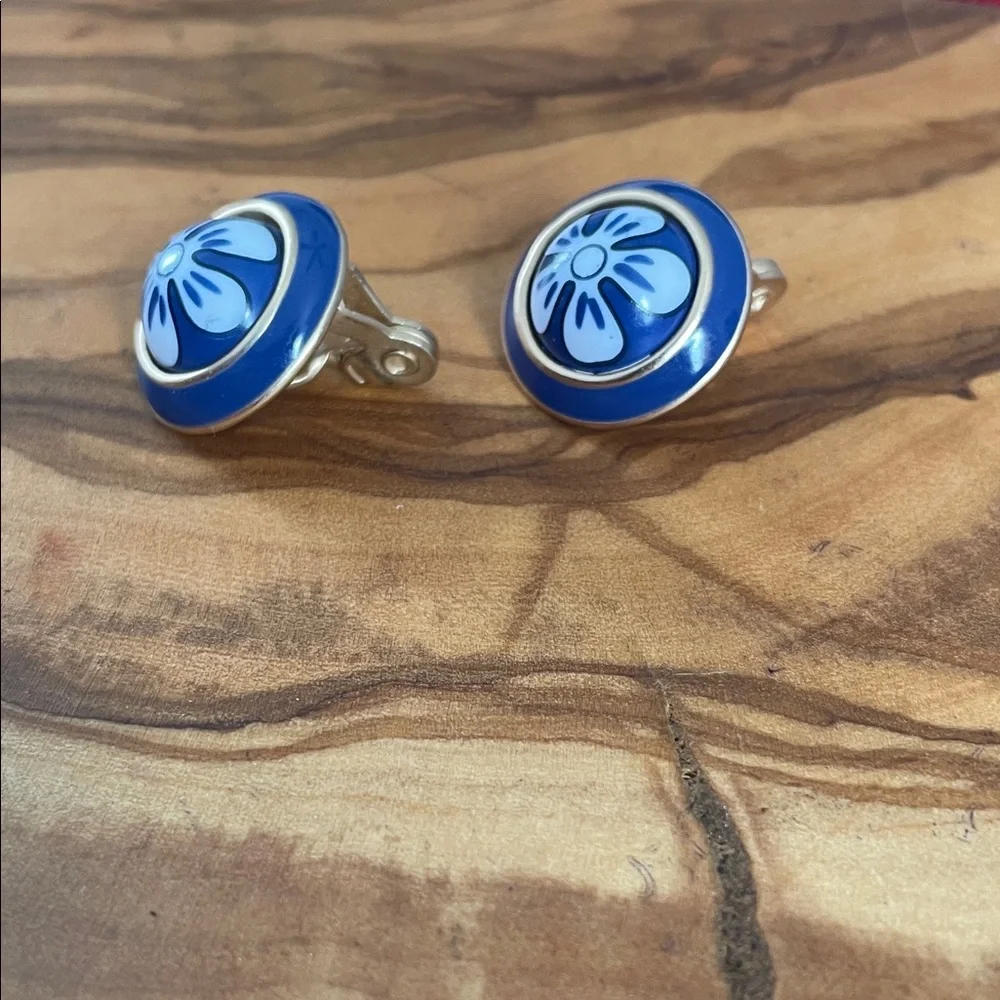 Blue and Gold Floral Clip On Earrings